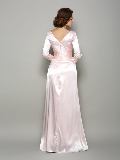 A-line princess pleated long sleeved silk satin bridal gown
