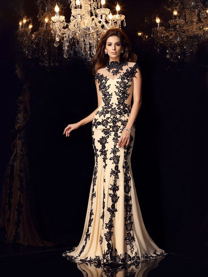 Elegant Mermaid High Neck Applique Sleeveless Long Chiffon Dress