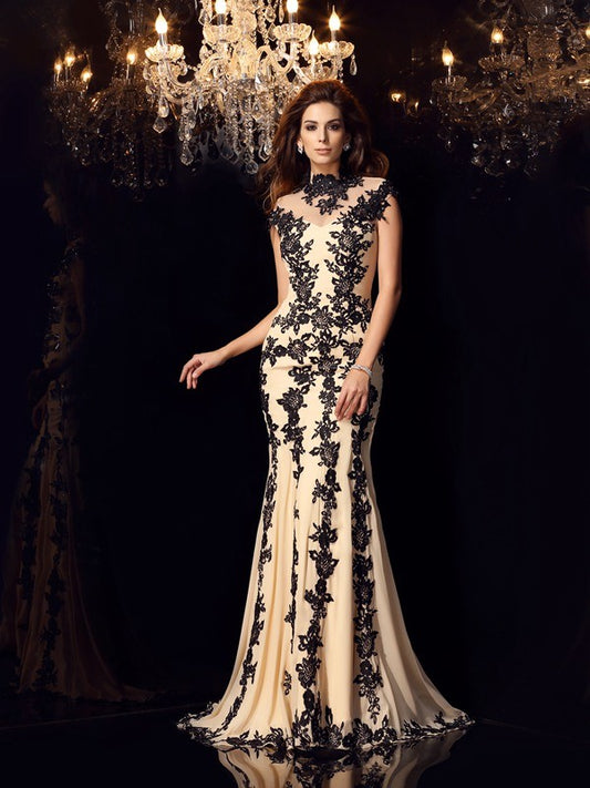 Elegant Mermaid High Neck Applique Sleeveless Long Chiffon Dress