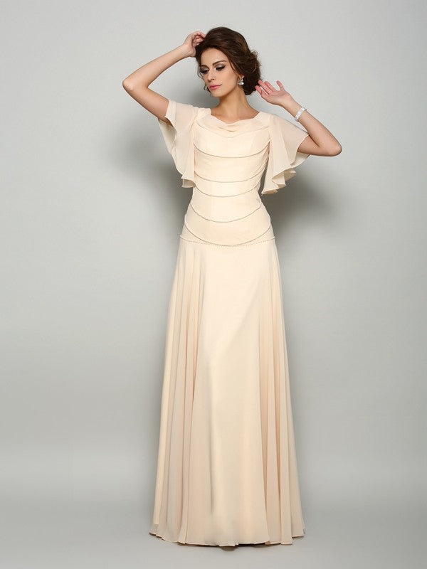 Princess Square Round Neck Beaded Short Sleeve Long Chiffon Bride Mom Dress