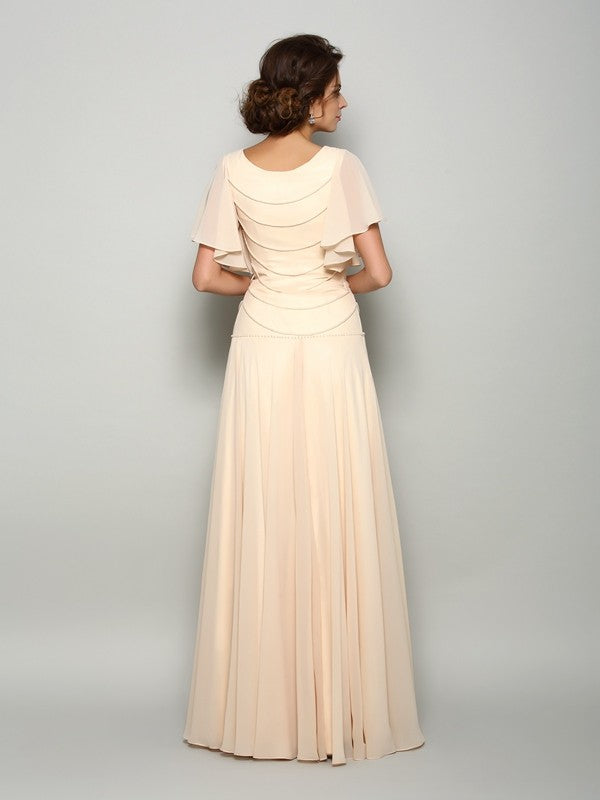 Princess Square Round Neck Beaded Short Sleeve Long Chiffon Bride Mom Dress