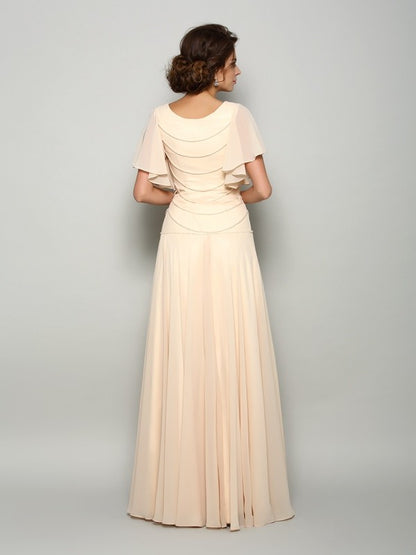 Princess Square Round Neck Beaded Short Sleeve Long Chiffon Bride Mom Dress