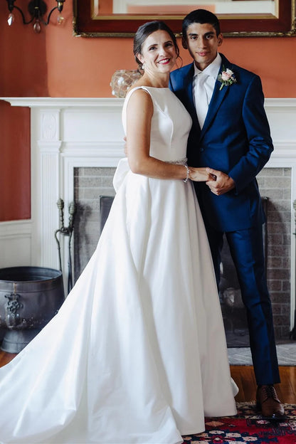 Satin Bateau Beaded Wedding Dress with Bow