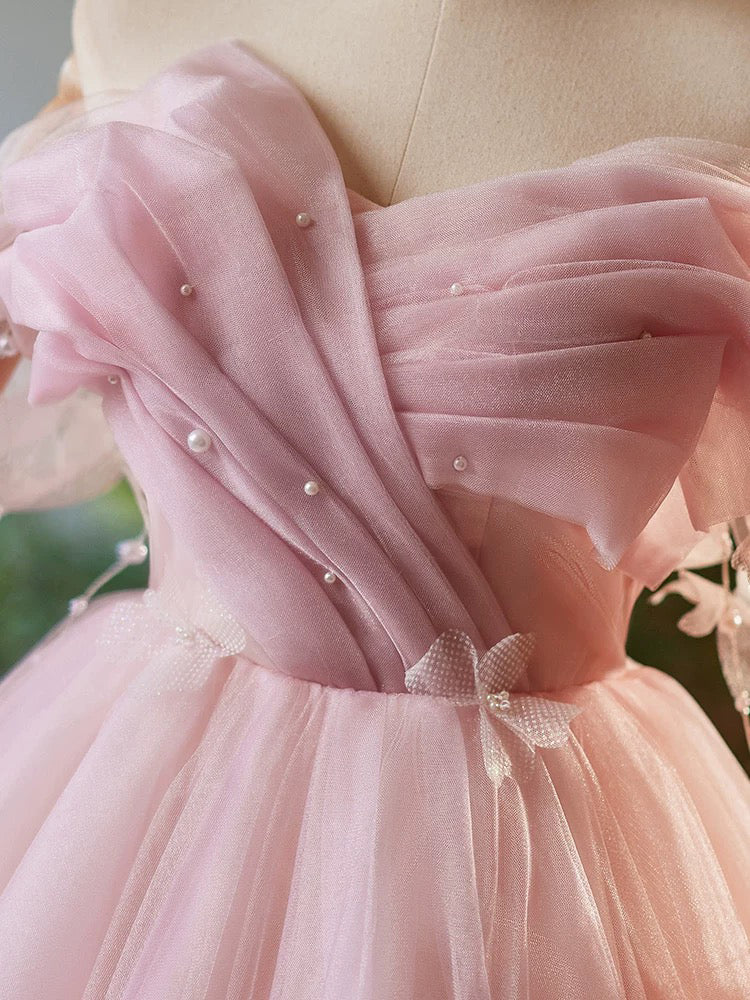 A-Line Off Shoulder Tulle Pink Short Prom Dress Pink Homecoming Dress