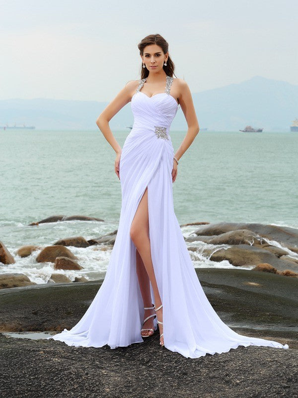 Elegant column tied beaded sleeveless long chiffon beach wedding dress