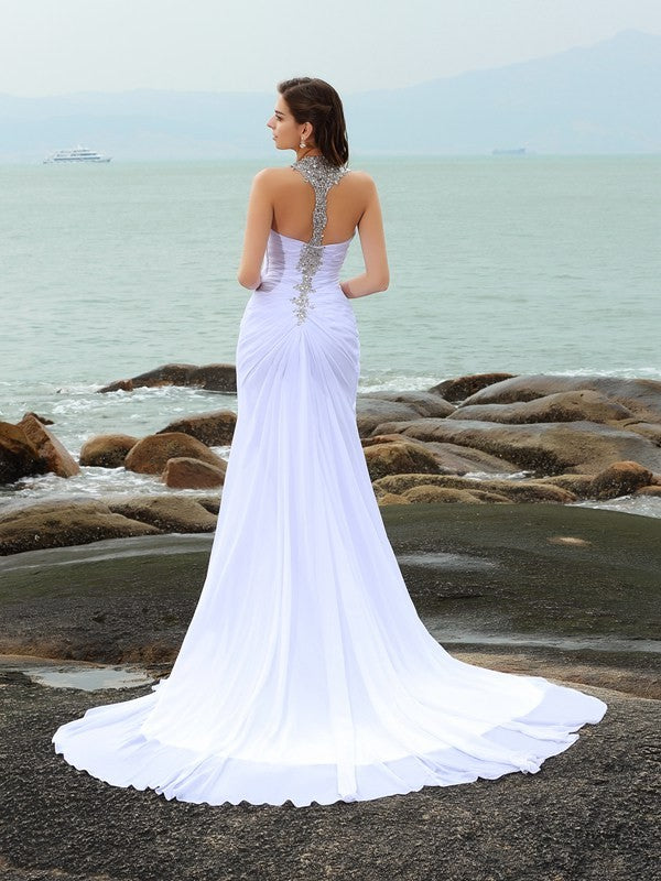 Elegant column tied beaded sleeveless long chiffon beach wedding dress