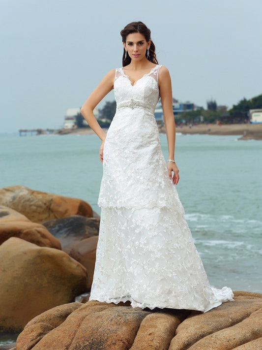 A-line Elegant Princess Strap Applique Sleeveless Satin Beach Wedding Dress