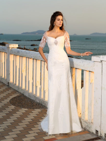 Elegant Sweetheart Sticker Short Sleeve Long Satin Beach Wedding Dress