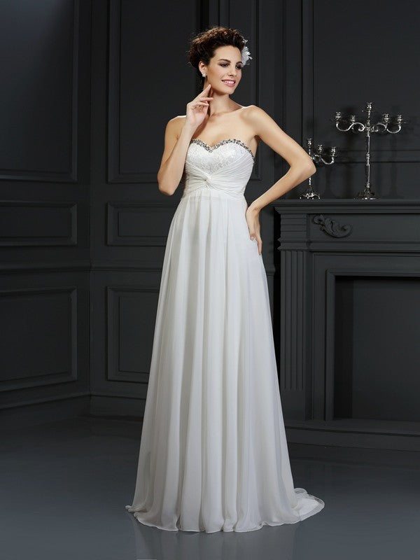 A-line Princess Sweet Lotus Edge Sleeveless Long Chiffon Wedding Dress