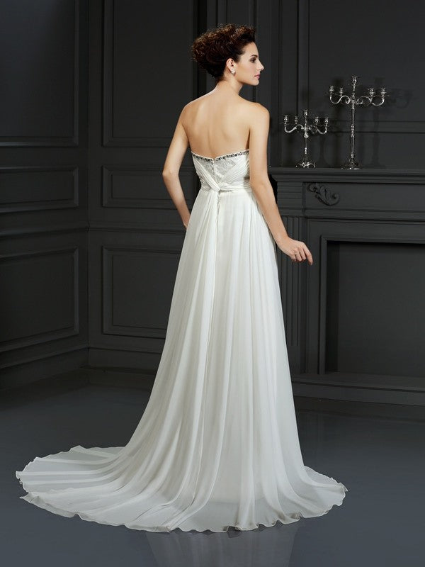 A-line Princess Sweet Lotus Edge Sleeveless Long Chiffon Wedding Dress