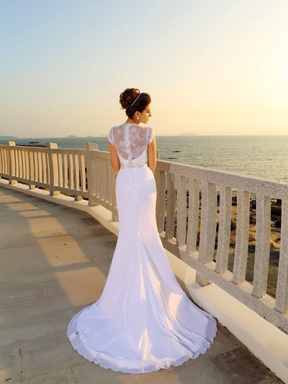 Cylindrical V-neck beaded sleeveless long chiffon beach wedding dress