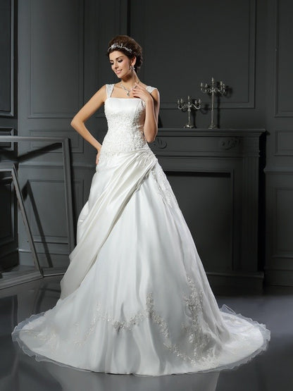 Sleeveless sexy backless long satin formal wedding dress
