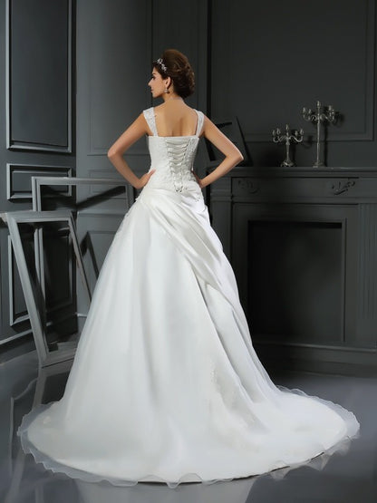 Sleeveless sexy backless long satin formal wedding dress