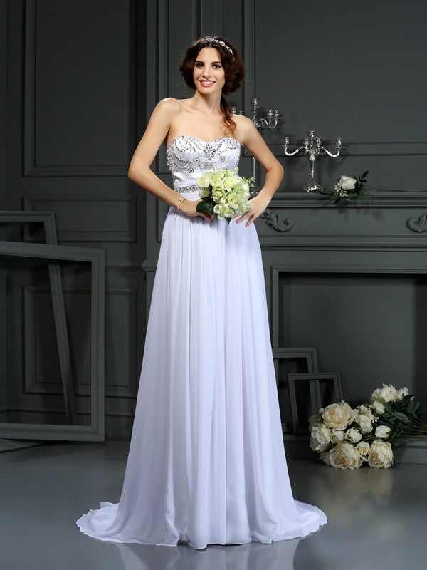 A-line Sweet Princess Bead Sleeveless Long Chiffon Formal Wedding Dress