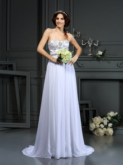 A-line Sweet Princess Bead Sleeveless Long Chiffon Formal Wedding Dress