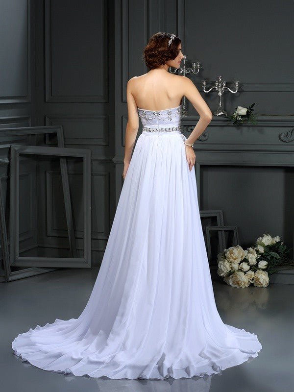 A-line Sweet Princess Bead Sleeveless Long Chiffon Formal Wedding Dress