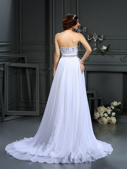 A-line Sweet Princess Bead Sleeveless Long Chiffon Formal Wedding Dress