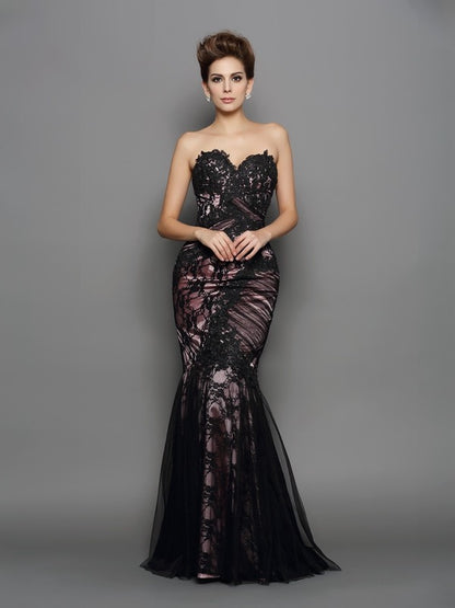 Slim Fit Mermaid Sweetheart Applique Sleeveless Elastic Woven Satin Long Dress