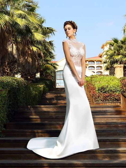 Loudspeaker slim fit mermaid high neck sleeveless long satin dress