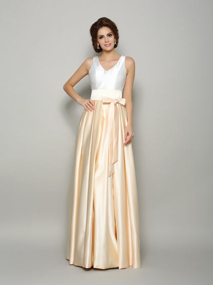 A-line Princess Style V-neck Bow Sleeveless Long Satin Bride Mom Dress