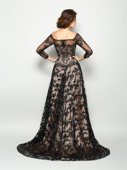 A-line Princess Style Off Shoulder Lace 3/4 Sleeve Length Satin Bride Mother Dress