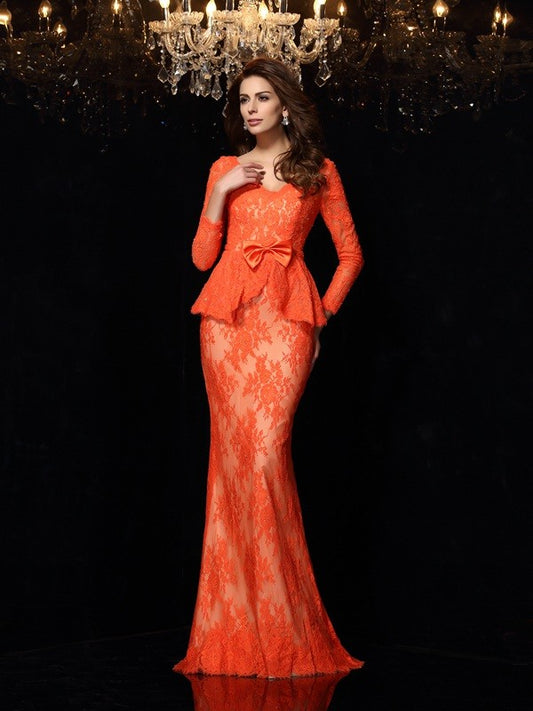 Elegant cylindrical V-neck bow long sleeved lace dress