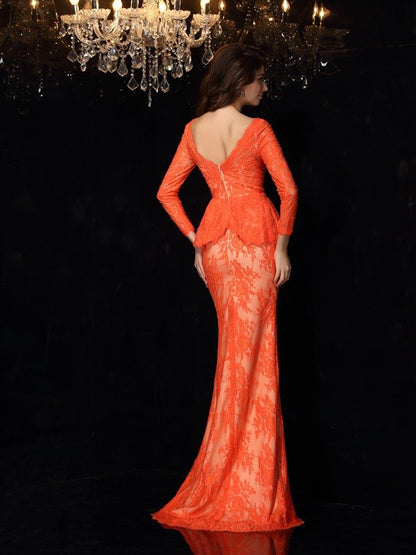 Elegant cylindrical V-neck bow long sleeved lace dress