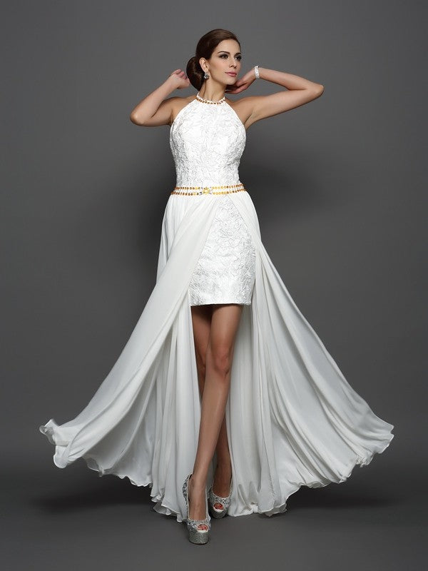 A-line Elegant Princess High Neck Lace Sleeveless Long Chiffon Wedding Dress