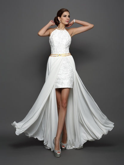 A-line Elegant Princess High Neck Lace Sleeveless Long Chiffon Wedding Dress