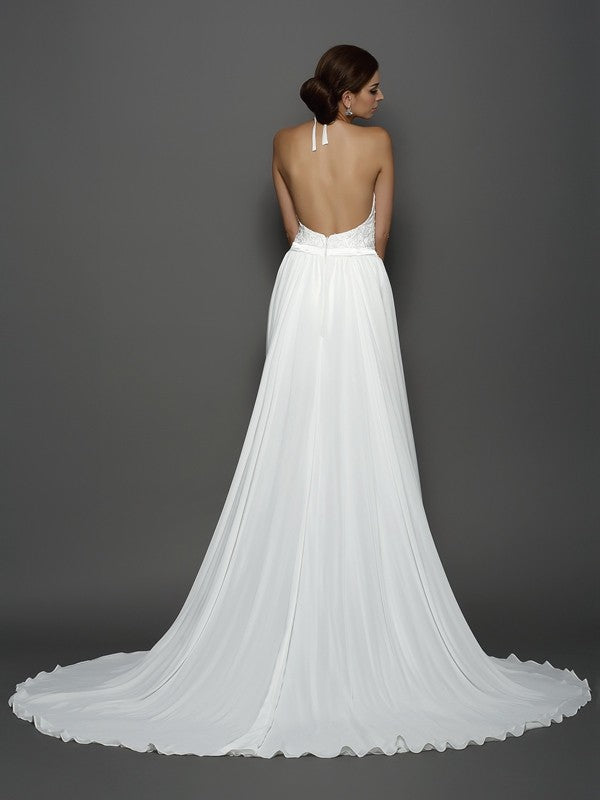 A-line Elegant Princess High Neck Lace Sleeveless Long Chiffon Wedding Dress