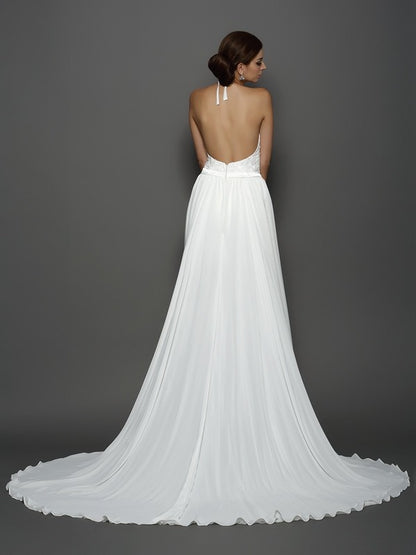 A-line Elegant Princess High Neck Lace Sleeveless Long Chiffon Wedding Dress