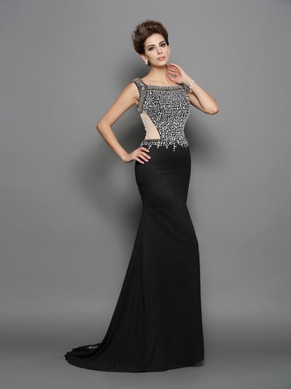 Small slim fit mermaid square beaded sleeveless long chiffon dress