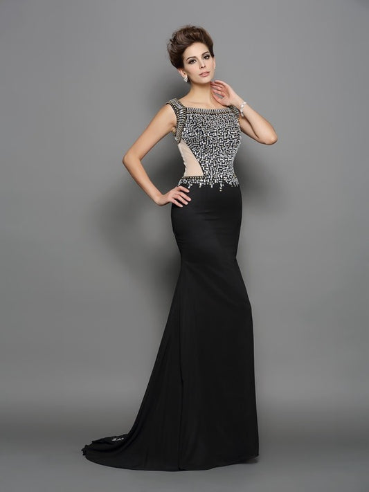 Small slim fit mermaid square beaded sleeveless long chiffon dress