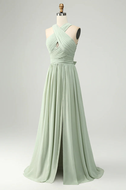 A Line Halter Pleated Long Maternity Bridesmaid Dress with Slit