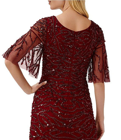 Scoop Neck Short Sleeves Back Zipper Long Beaded Mother of the Bride Dresses