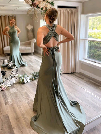 Gray green satin mermaid long prom dress gray green prom dress