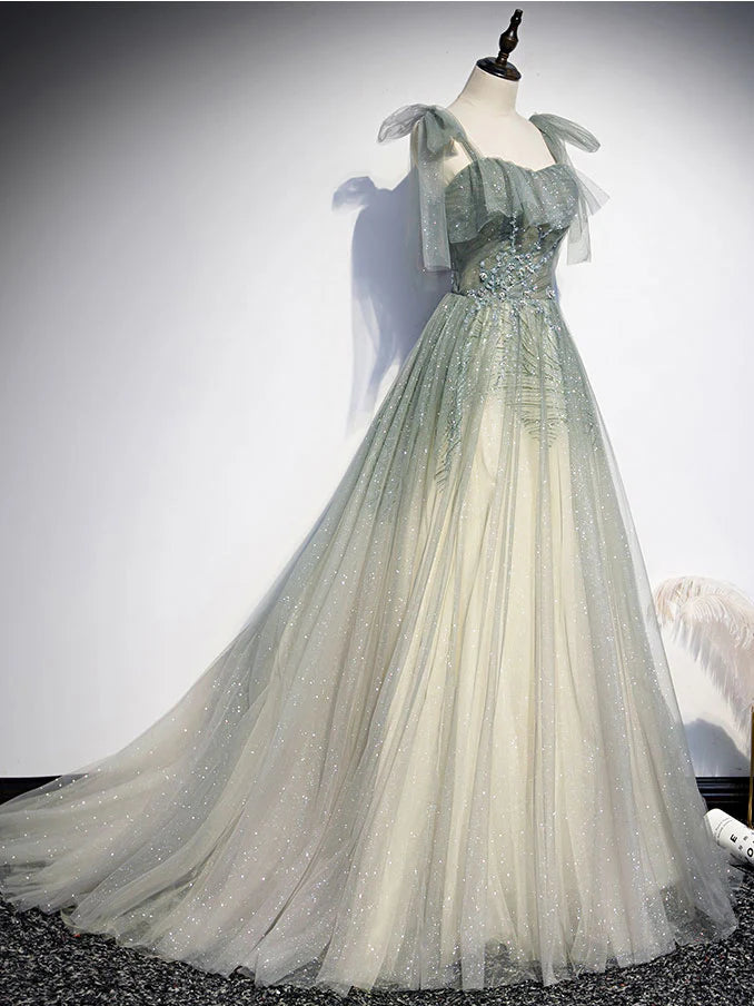 Green tulle sequin beads long prom dress green tulle prom dress