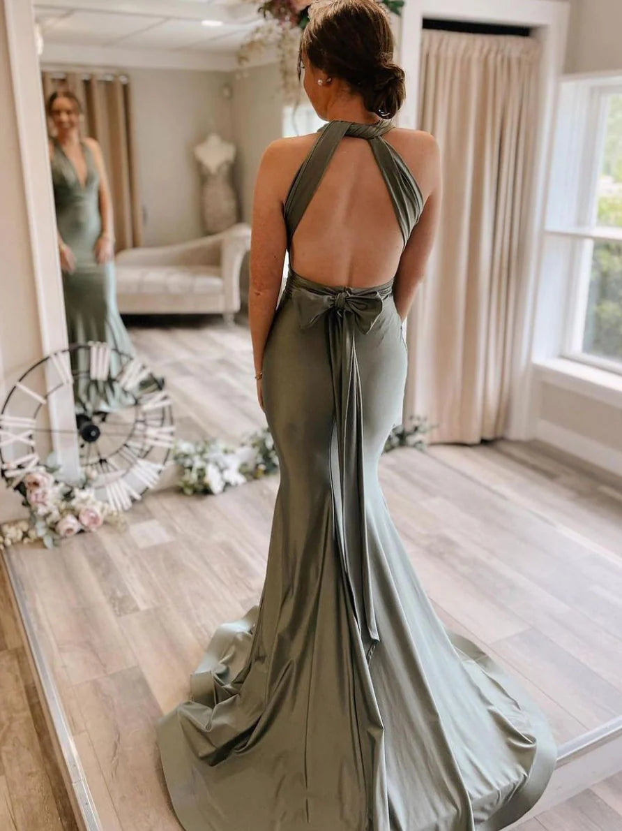 Gray green satin mermaid long prom dress gray green prom dress