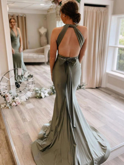 Gray green satin mermaid long prom dress gray green prom dress