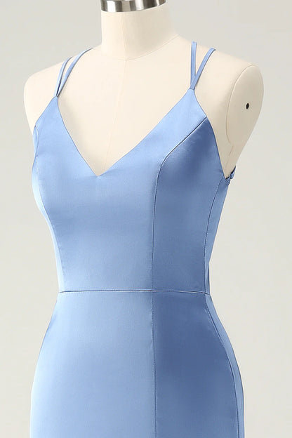 Mermaid Spaghetti Straps Satin Long Bridesmaid Dress with Slit