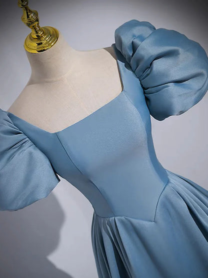 A-Line Satin Blue Long Evening Dress Blue Satin Long Evening Dress