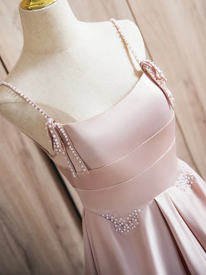 A-Line Satin Pink Long Prom Dress Pink Long Formal Dress