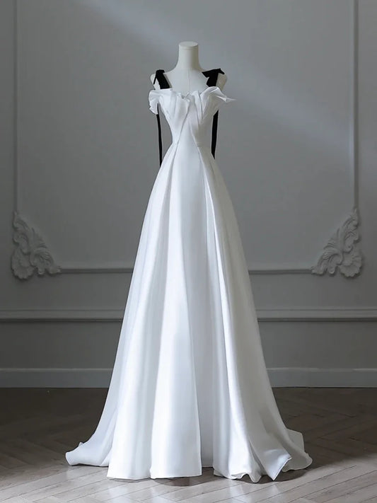 A-Line Satin White Long Evening Dress White Long Formal Dress