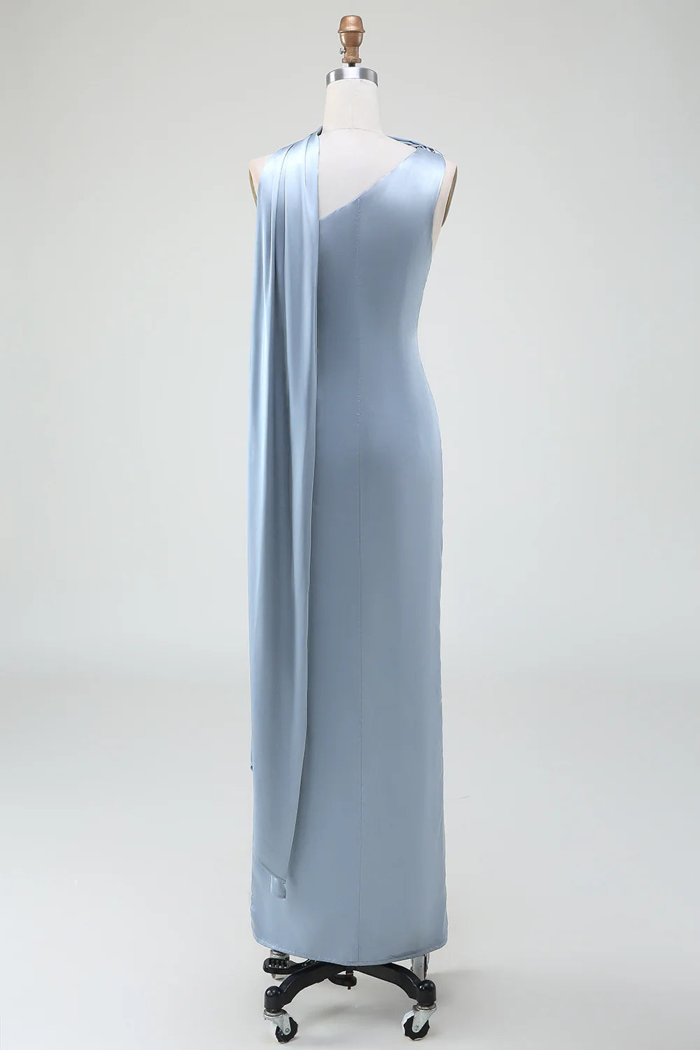 One-Shoulder Long Satin Dusty Blue Bridesmaid Dress