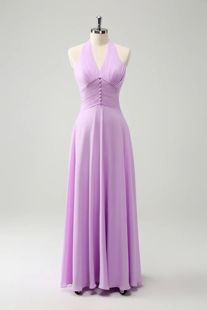 A Line Halter Backless Pleated Chiffon Long Bridesmaid Dress With Buckle