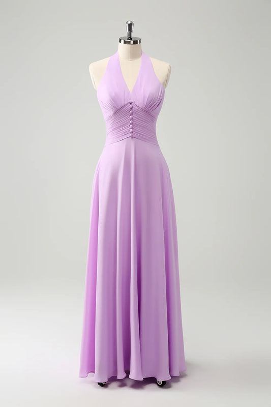 A Line Halter Backless Pleated Chiffon Long Bridesmaid Dress With Buckle