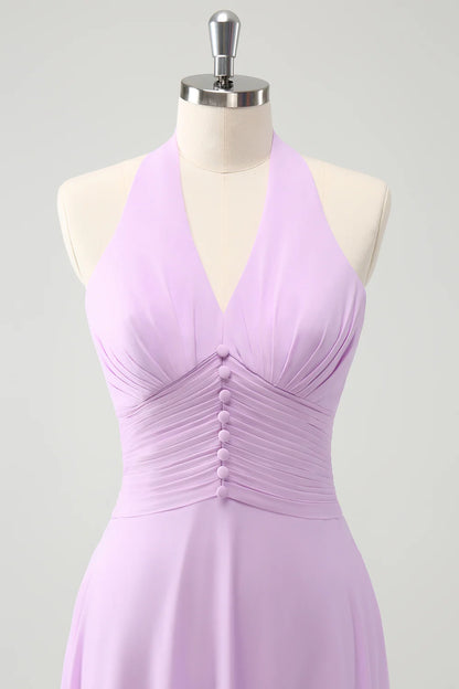 A Line Halter Backless Pleated Chiffon Long Bridesmaid Dress With Buckle
