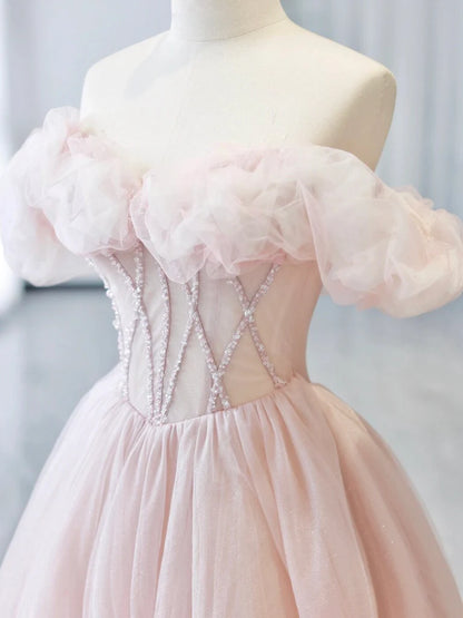A-Line Sweetheart Neck Off Shoulder Tulle Pink Long Evening Dress