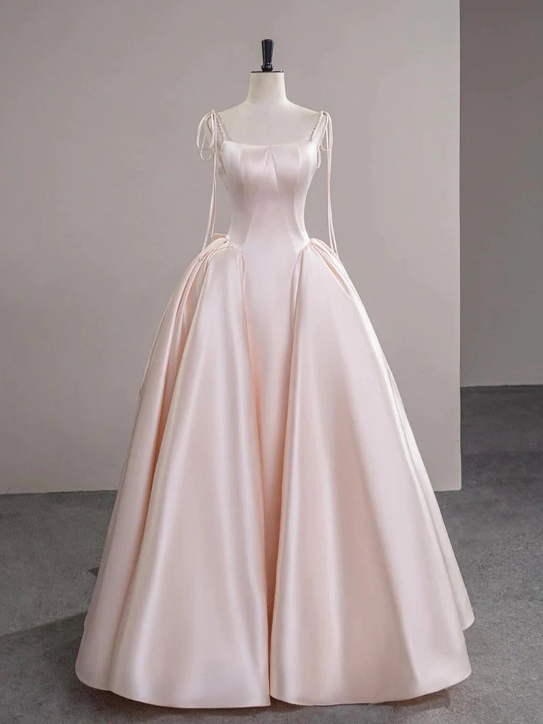 A-Line Satin Champagne Pink Long Prom Dress Champagne Pink Formal Dress