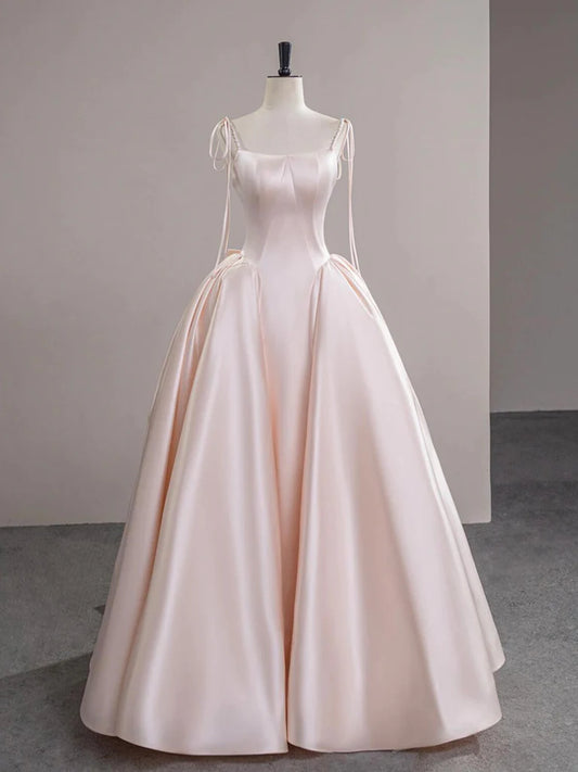 A-Line Satin Champagne Pink Long Prom Dress Champagne Pink Formal Dress